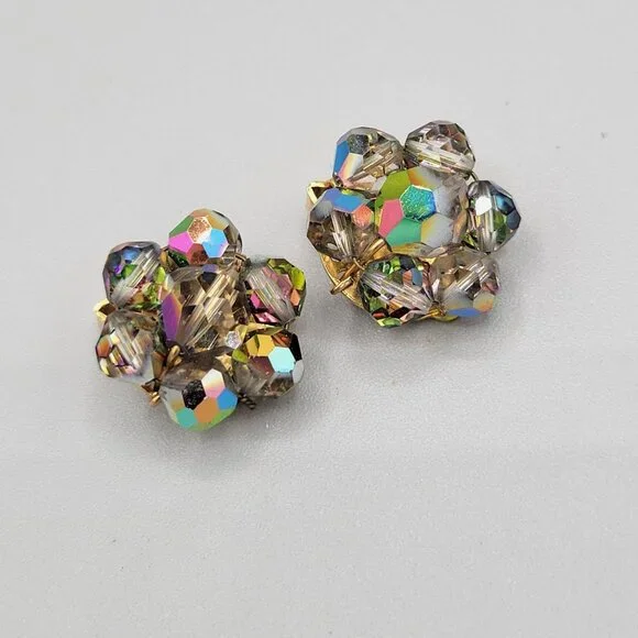 Colorful AB Aurora Borealis Beaded Small Clip On Earrings Gold Tone Vtg - Picture 2 of 6